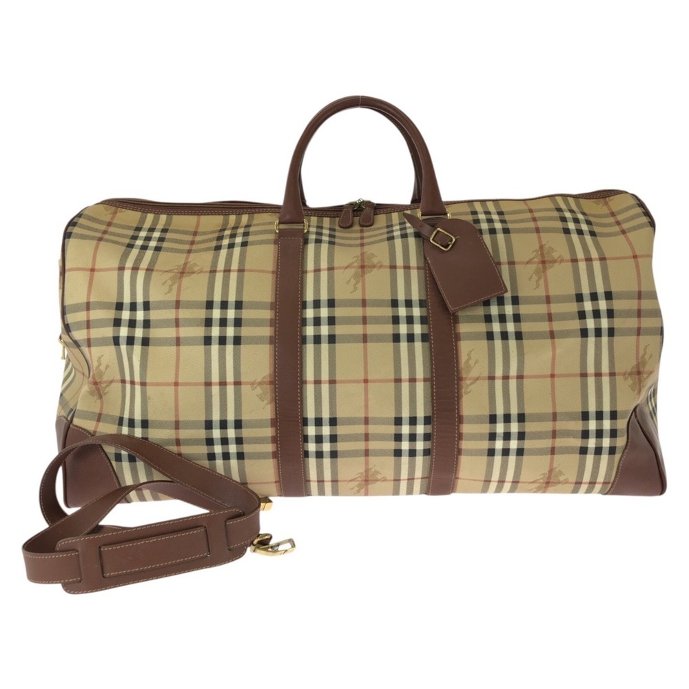 BURBERRY Vintage Check Pattern 2-Way Beige Brown Leather Boston Bag/Handbag f...